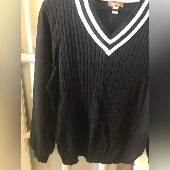 White Stag V neck tennis sweater in black with white stripes on collar - Picture 2 of 4
